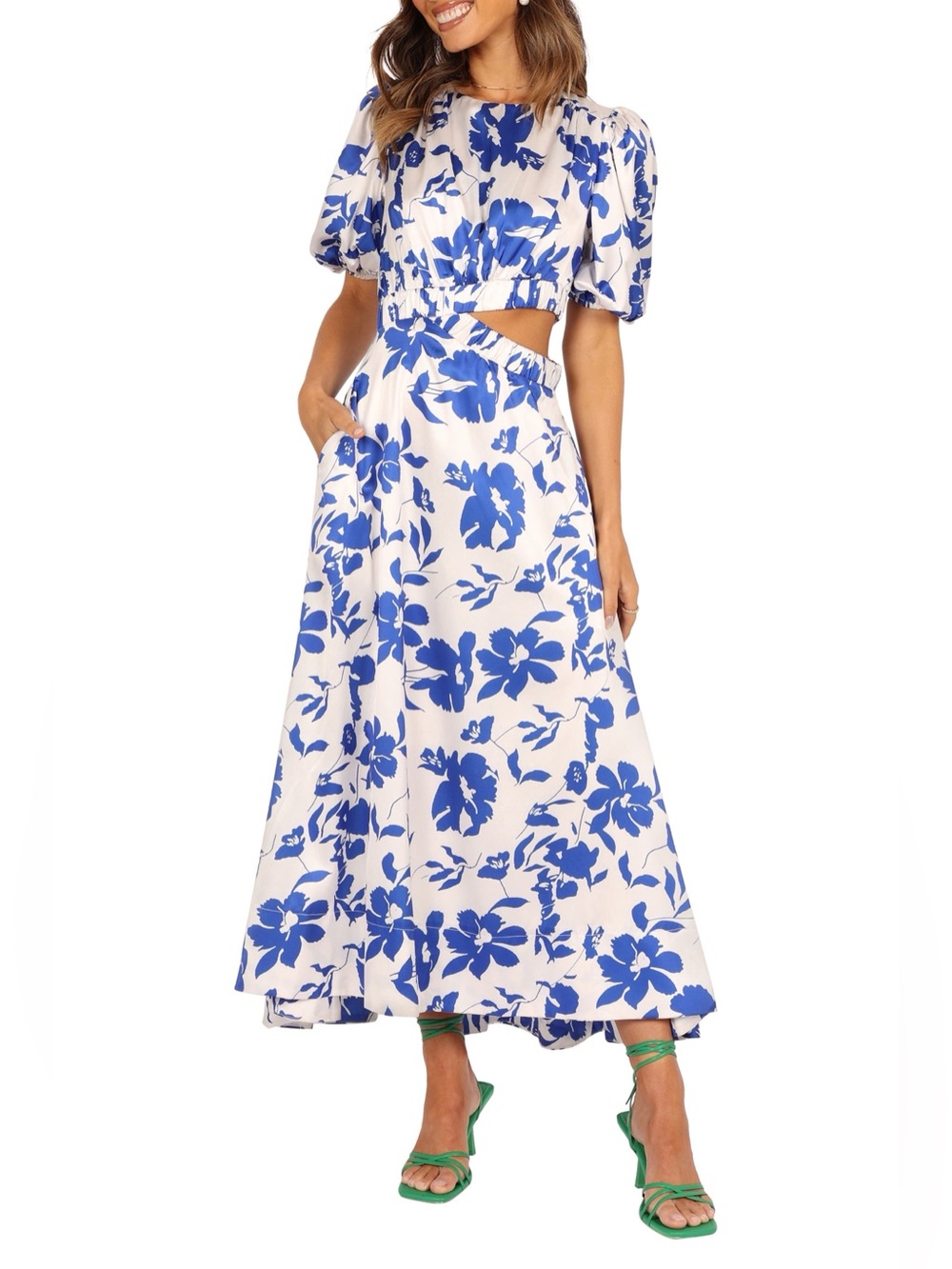 Petal & Pup Aminah Puff Sleeve Maxi Dress White Blue Small NWI